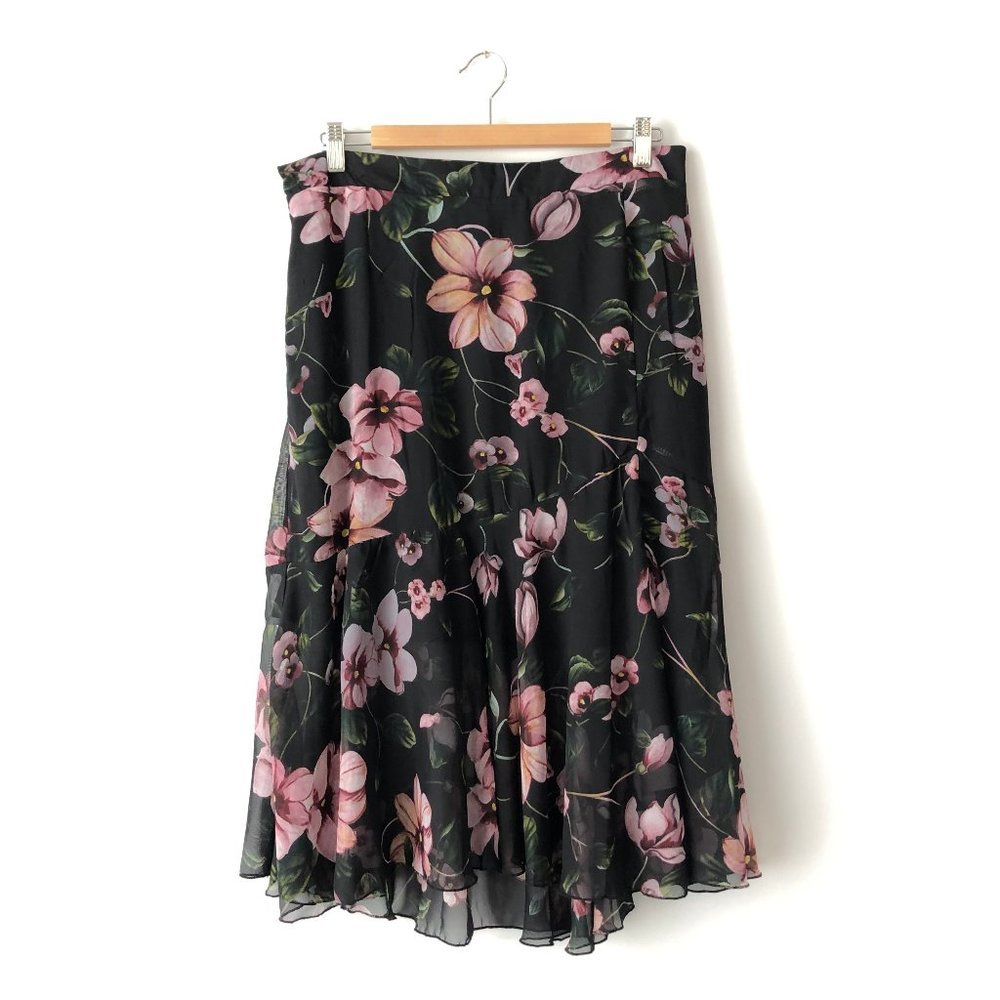 Suzy Shier Floral Black & Pink Midi Skirt